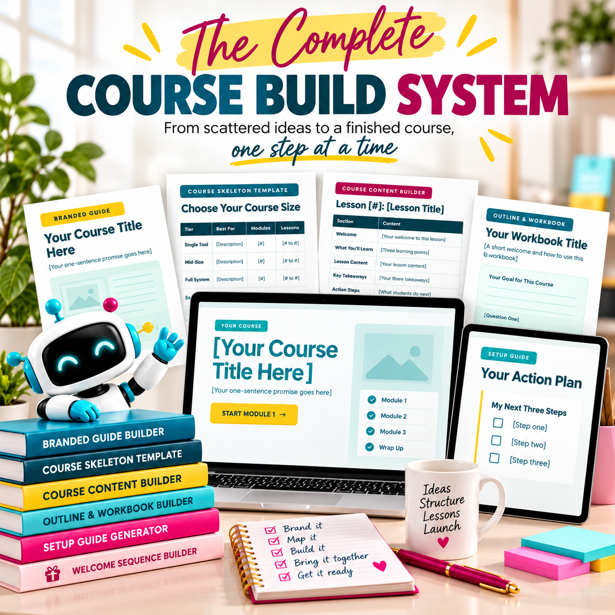 The Complete Course Build System mockup showing guides and workbook pages